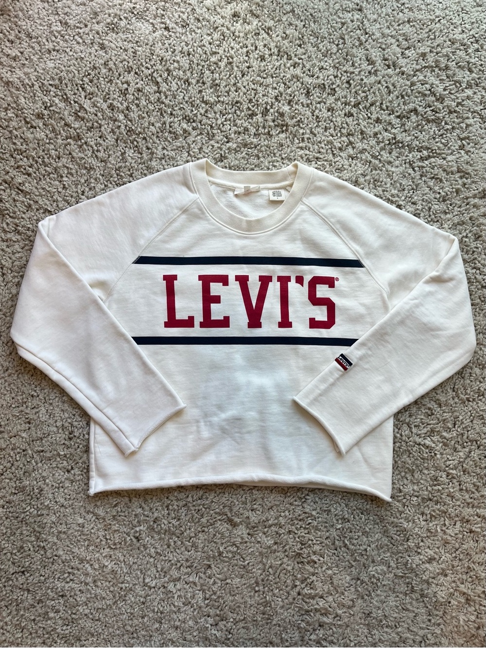 Levi's White Sweatshirt with Red Logo and Navy Stripes